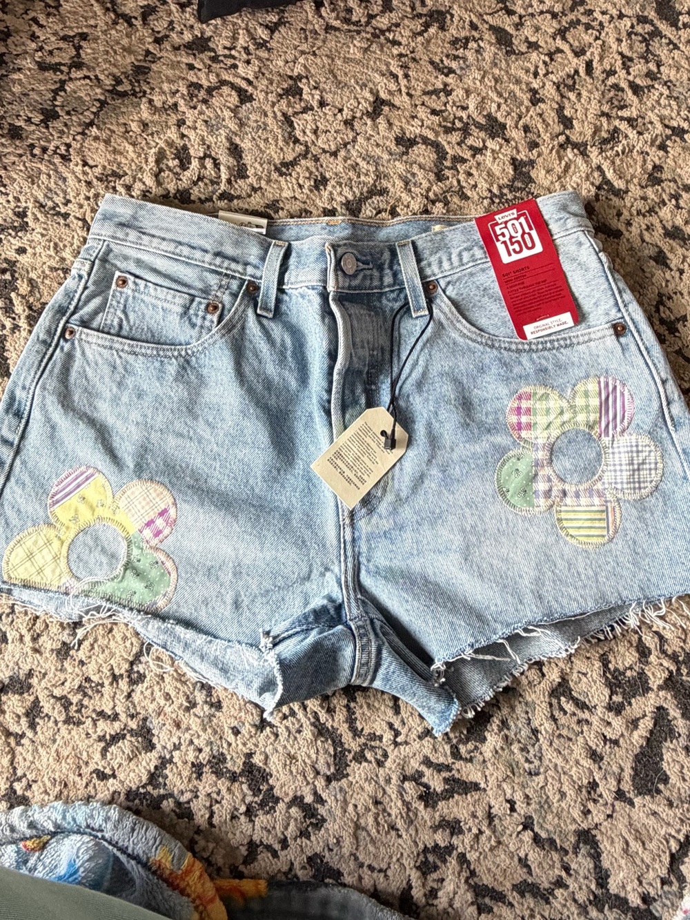 Levi's Light Blue Denim Shorts with Patch Flower Accents